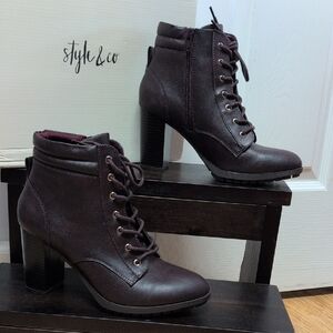 Style & Co. Laurellee Lace-Up Side Zipper Ankle Boots Deep Burgundy Wine Sz7.5M